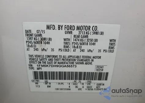 2016 Ford Explorer Xlt из США, поврежденный, VIN 1FM5K7DH9GGA56573